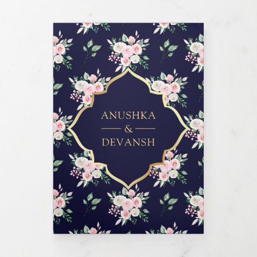 Donkerblauw Bloemen Alles in één Gouden Indische b Drieluik Uitnodiging (Cover)
