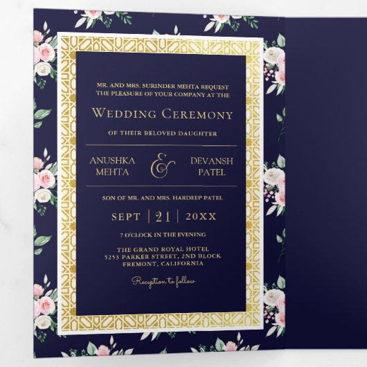 Donkerblauw Bloemen Alles in één Gouden Indische b Drieluik Uitnodiging (Binnenzijde eerst)