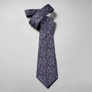 Donkerblauw Bloemen  Bloem Gedrukt Huwelijk Stropdas