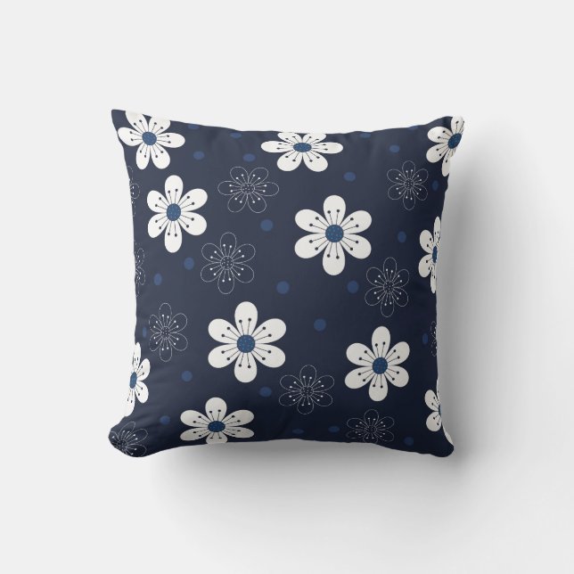 Donkerblauw bloemen en Stippen Patroon Kussen (Voorkant)