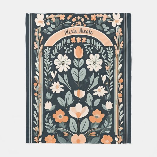 Donkerblauw Bloemen Folk Fleece Deken (Voorkant)