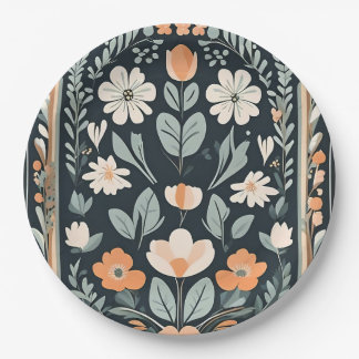 Donkerblauw Bloemen Folk Papieren Bordje