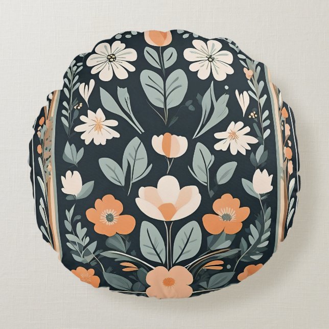 Donkerblauw Bloemen Folk Rond Kussen (Voorkant)