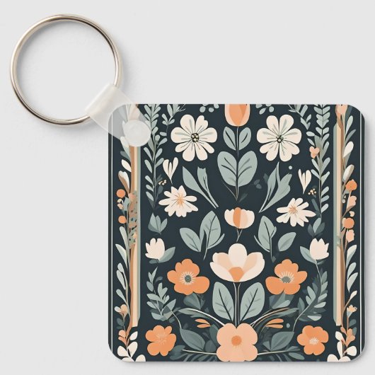 Donkerblauw Bloemen Folk Sleutelhanger (Voorkant)