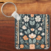 Donkerblauw Bloemen Folk Sleutelhanger (Voorkant)