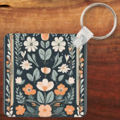 Donkerblauw Bloemen Folk Sleutelhanger (Achterkant)