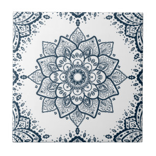 Donkerblauw Bloemen Mandala & Lijst Tegeltje
