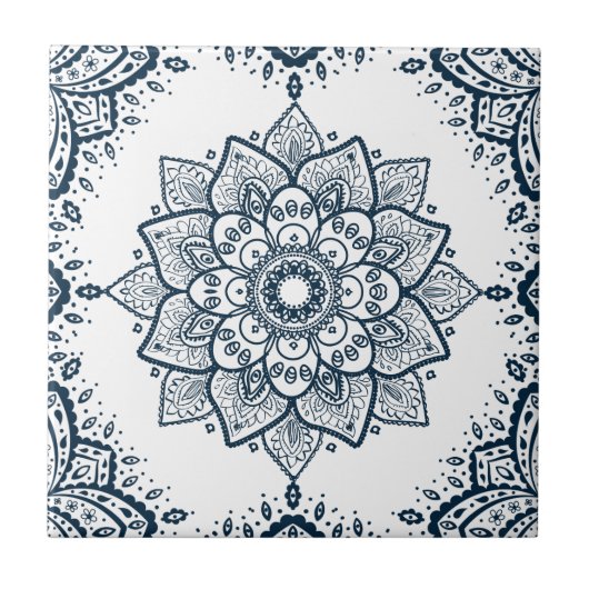 Donkerblauw Bloemen Mandala & Lijst Tegeltje (Voorkant)