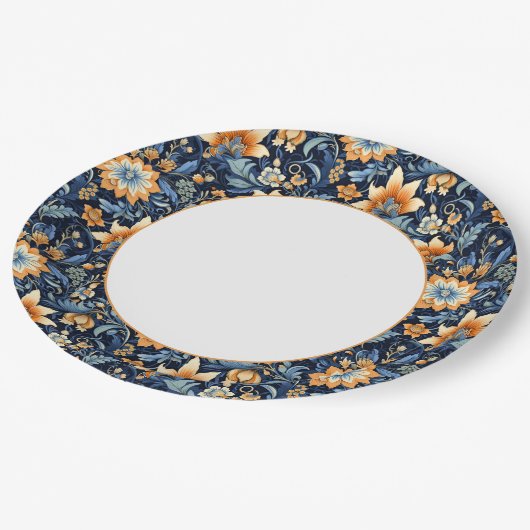 Donkerblauw Bloemen Paisley Border Papieren Bordje (Gekanteld)