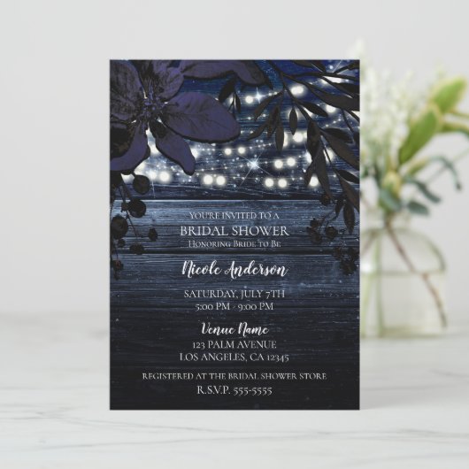 Donkerblauw Bloemen Rustiek Hout Lights Vrijgezell Kaart (Staand voorkant)