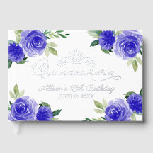 Donkerblauw bloemig gastenboek voor Quinceanera