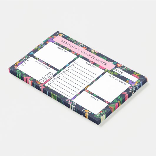 donkerblauw bloemmotief Daily Planner Post-it® Notes (Schuin)