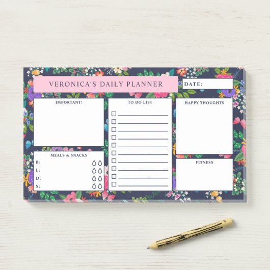  donkerblauw bloemmotief Daily Planner Post-it® Notes (Op bureau)