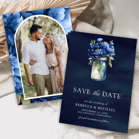 Donkerblauw Bloemstuk Mason Jar Foto bruiloft Save The Date