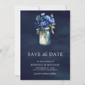 Donkerblauw Bloemstuk Mason Jar Foto bruiloft Save The Date (Voorkant)