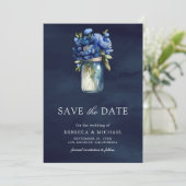 Donkerblauw Bloemstuk Mason Jar Foto bruiloft Save The Date (Staand voorkant)
