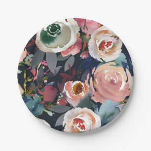 Donkerblauw & Blush Roze Aquarel Bloem Bruiloft  Papieren Bordje