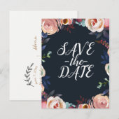 Donkerblauw & Blush Roze Pastel Bloemen Save the D Aankondigingskaart (Voorkant / Achterkant)