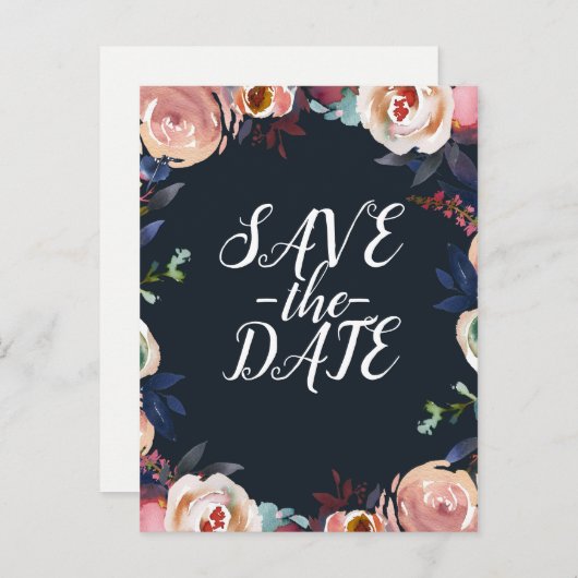 Donkerblauw & Blush Roze Pastel Bloemen Save the D Aankondigingskaart (Voorkant / Achterkant)