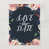 Donkerblauw & Blush Roze Pastel Bloemen Save the D Aankondigingskaart (Voorkant)