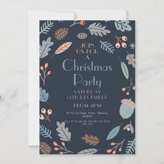 Donkerblauw Botanisch Kerstfeest verlaat eikels Kaart (Voorkant)