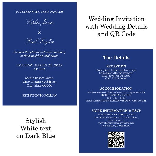 Donkerblauw Bruiloft QR Code RSVP Uitnodiging