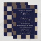 Donkerblauw Bruin Checkerboard Bruiloft Kaart (Voorkant / Achterkant)