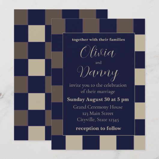 Donkerblauw Bruin Checkerboard Bruiloft Kaart (Voorkant / Achterkant)