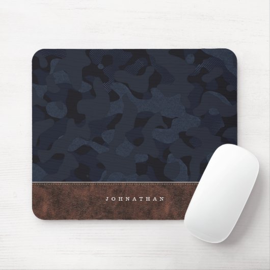 Donkerblauw Camouflage Patroon en leder Muismat (Met muis)