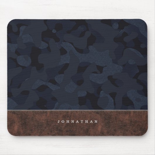 Donkerblauw Camouflage Patroon en leder Muismat (Voorkant)