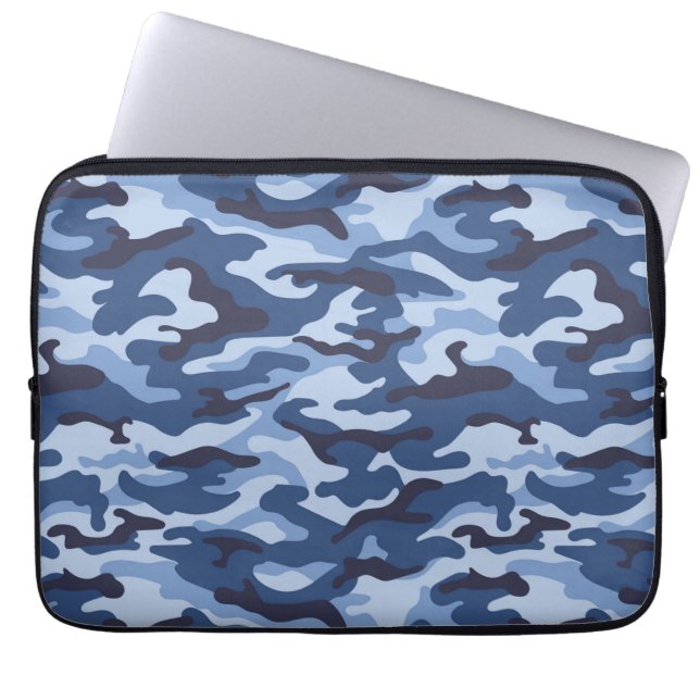 Donkerblauw camouflagepatroon laptop sleeve (Voorkant)