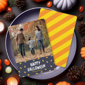Donkerblauw Candy Corn Foto Gelukkig Halloween Kaart
