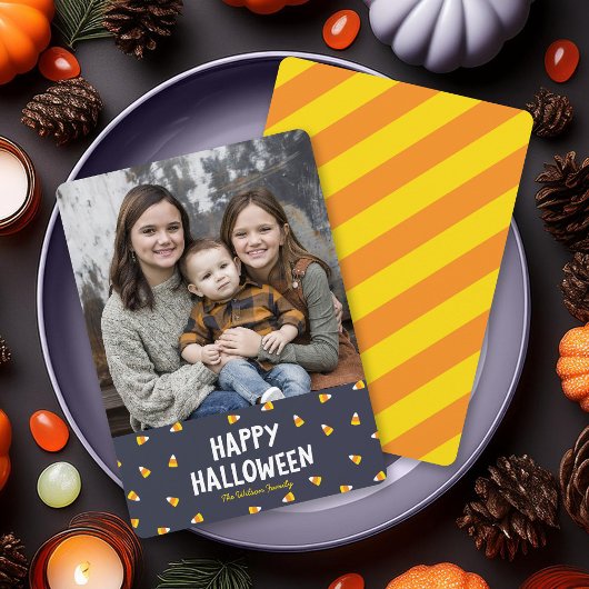 Donkerblauw Candy Corn Foto Gelukkig Halloween Kaart