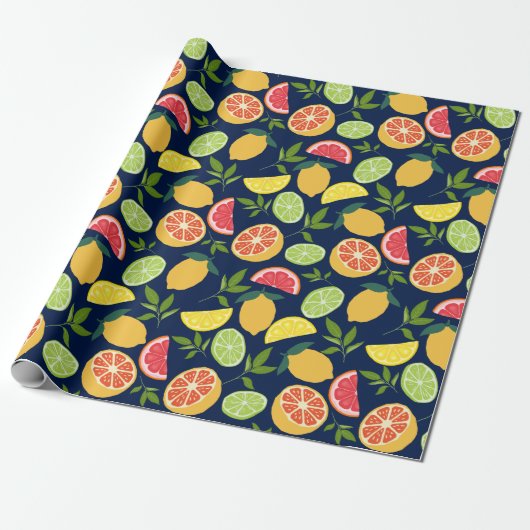 Donkerblauw Citrus citroen Sinaasappel Tangerine P Cadeaupapier (Uitgerold)