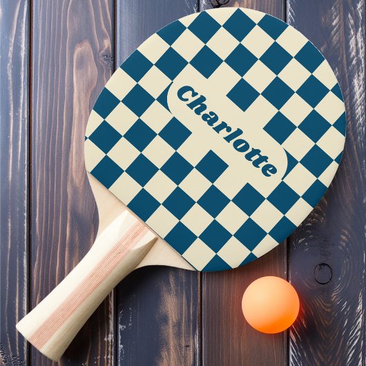 Donkerblauw & Cream Checker met Naam Tafeltennisbatje