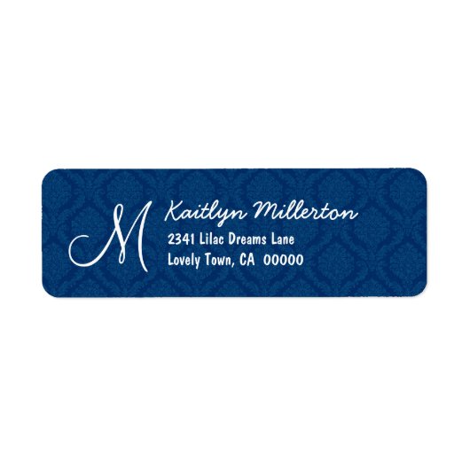 Donkerblauw Damask Monogram M Bruiloft V608 Etiket (Voorkant)