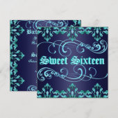 Donkerblauw Damask Print Sweet 16 Verjaardag Uitno Kaart (Voorkant / Achterkant)