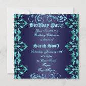 Donkerblauw Damask Print Sweet 16 Verjaardag Uitno Kaart (Achterkant)