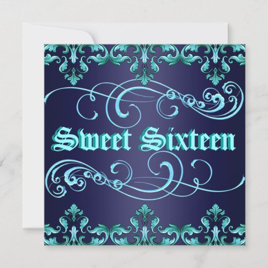 Donkerblauw Damask Print Sweet 16 Verjaardag Uitno Kaart (Voorkant)