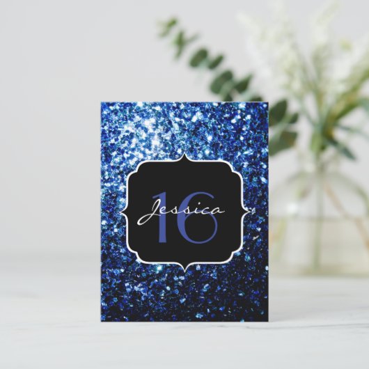 Donkerblauw diep glanzend glitter sparkle Sweet 16 Briefkaart (Staand voorkant)