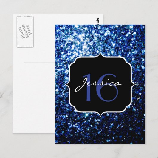 Donkerblauw diep glanzend glitter sparkle Sweet 16 Briefkaart (Voorkant / Achterkant)