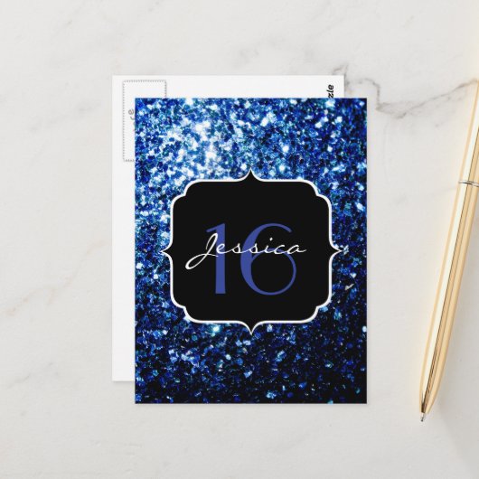 Donkerblauw diep glanzend glitter sparkle Sweet 16 Briefkaart (Voorkant / Achterkant in situ)