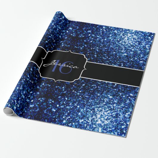 Donkerblauw diep glanzend glitter sparkle Sweet 16 Cadeaupapier (Uitgerold)