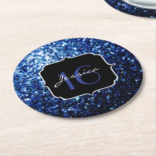 Donkerblauw diep glanzend glitter sparkle Sweet 16 Ronde Kartonnen Onderzetter (Gebogen)
