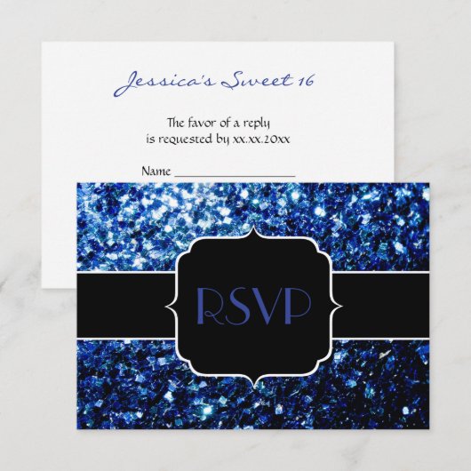 Donkerblauw diep glanzend glitter sparkle Sweet 16 RSVP Kaartje (Voorkant / Achterkant)