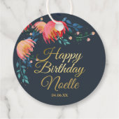 Donkerblauw, elegant, witte bloemen, goudaccent bedankjes labels (Achterkant)