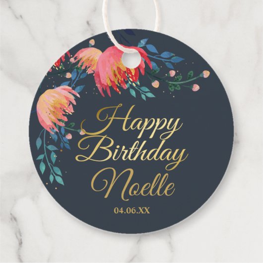 Donkerblauw, elegant, witte bloemen, goudaccent bedankjes labels (Achterkant)