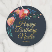 Donkerblauw, elegant, witte bloemen, goudaccent bedankjes labels (Voorkant)