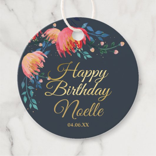 Donkerblauw, elegant, witte bloemen, goudaccent bedankjes labels (Voorkant)