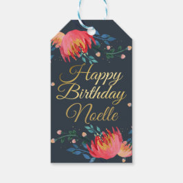 Donkerblauw, elegant, witte bloemen, goudaccent cadeaulabel